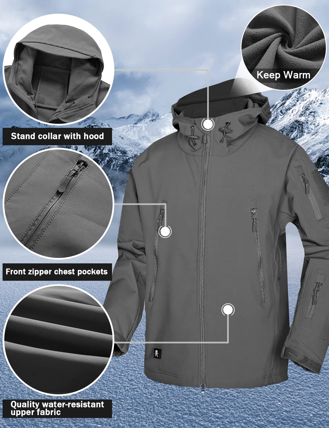 Herren Softshelljacke Militär Taktische Wasserdichtem Winter Mantel mit Kapuze und Multifunktionalen Reißverschluss Taschen