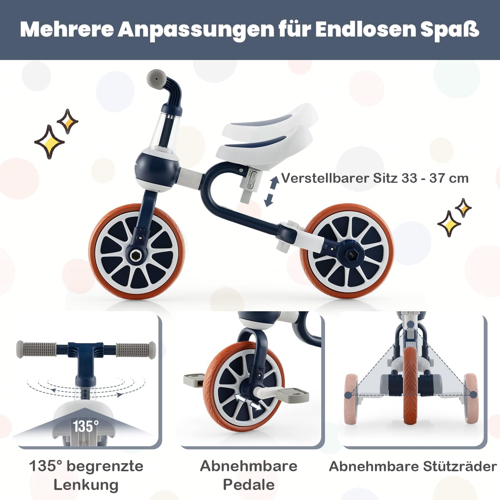 FANTASK Rowerek biegowy 4 w 1, do 30 kg, rower trójkołowy dla dzieci z regulowanym uchwytem przesuwnym i zdejmowanymi pedałami, pomoc w nauce chodzenia dla dzieci od 1 roku życia (niebieski)