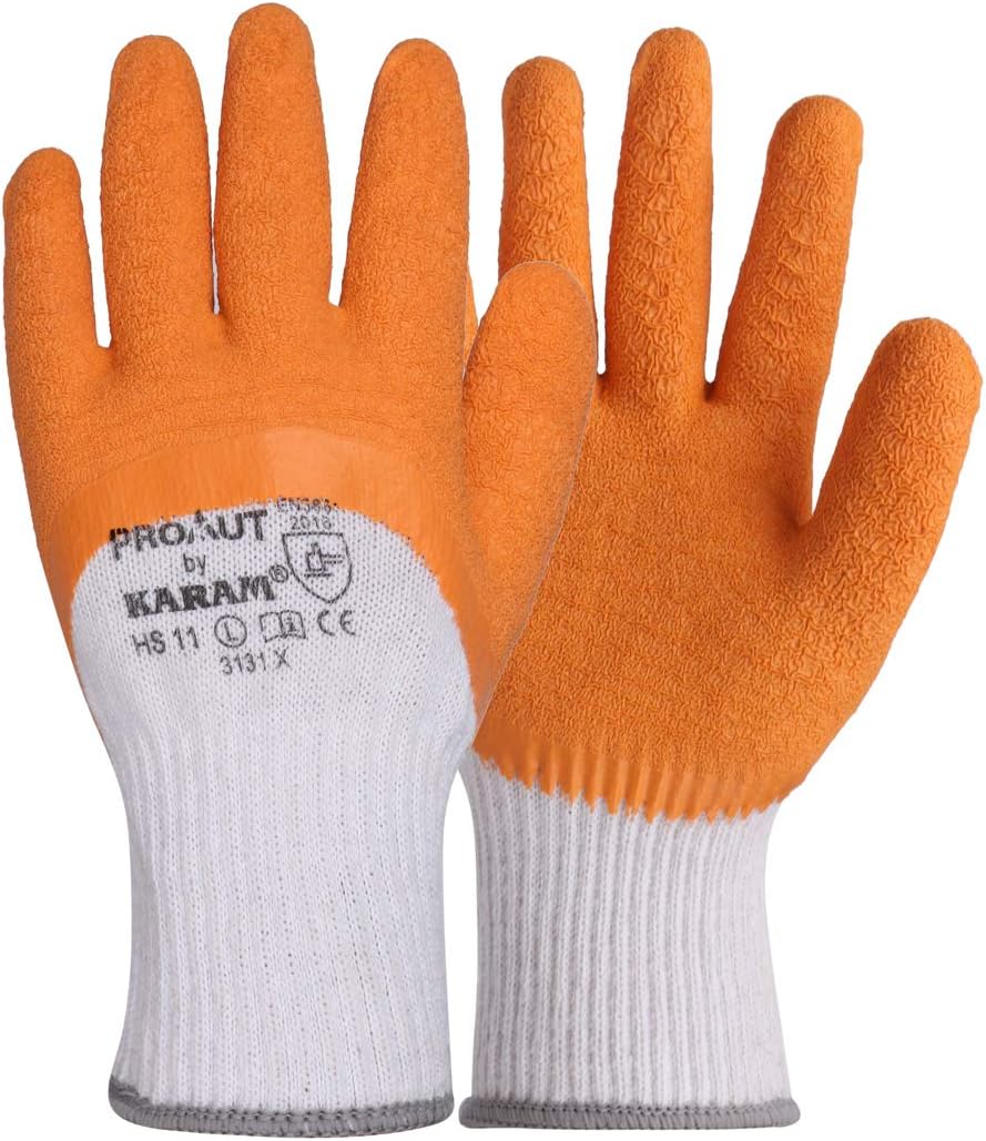 Karam HS11 Safety Gloves for Mechanical Hazards | Safety Work Gloves with White Liner with Orange Crinkle Latex | Abrasion, Tear & Puncture Resistant | Cut Resistant | Size-M