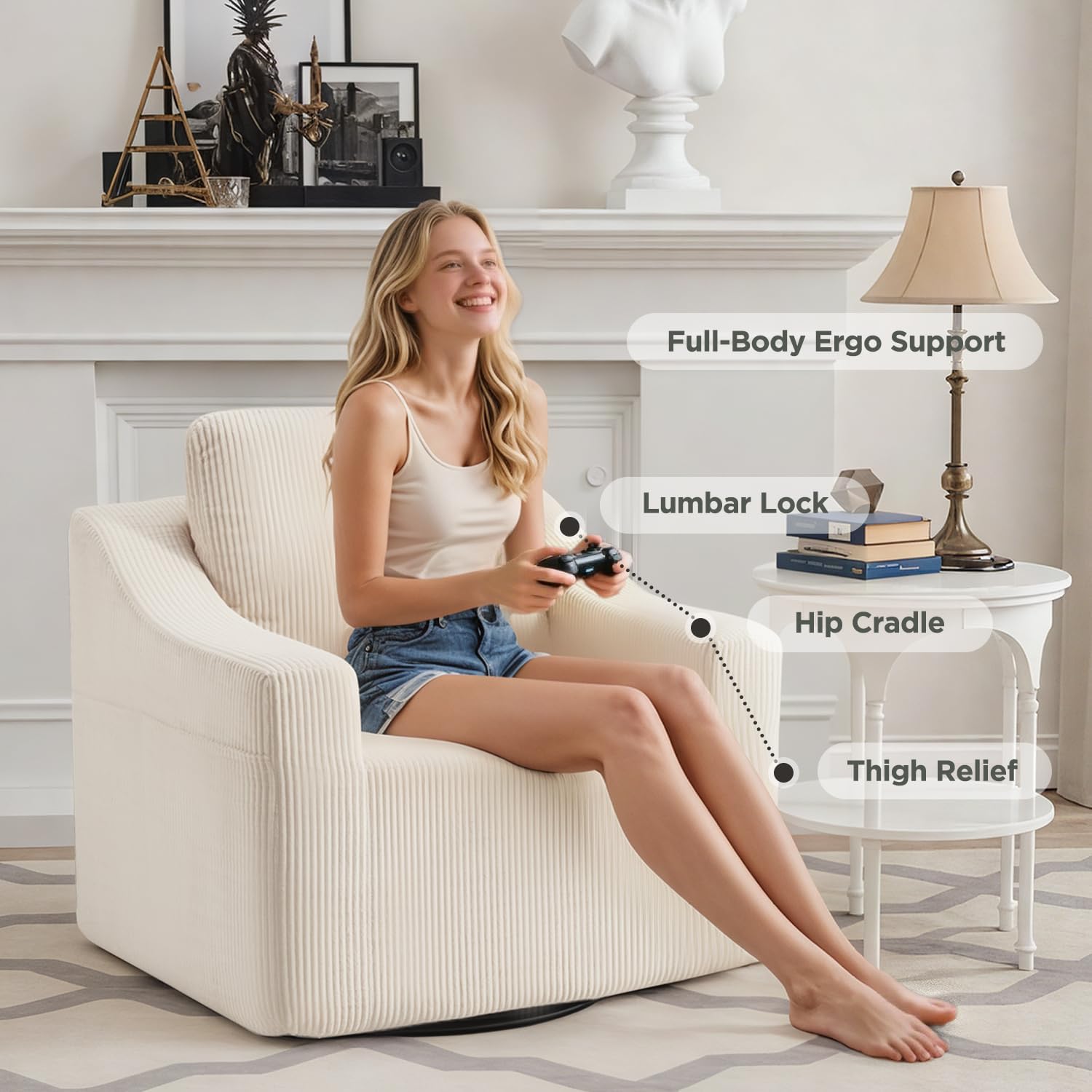 HOMREST Swivel Accent Chair Sets of 2, 360° Rotating Plush Comfy Armchairs with Storage Pocket, Beige Reading Chair for Bedroom Living Room Lounge