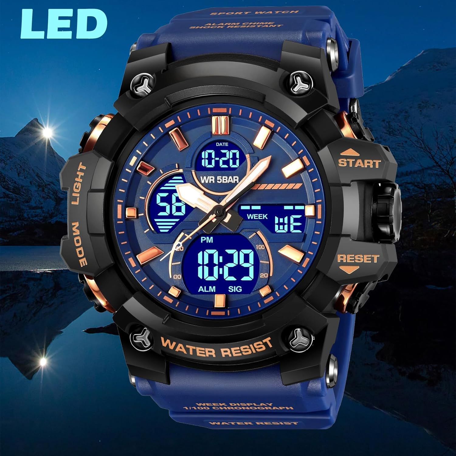 findtime Men's Military Tactical Watches for Men Big Face Large Dual Analog Digital Display Sports Outdoor Durable Rugged White Wristwatch with LED Backlight Waterproof