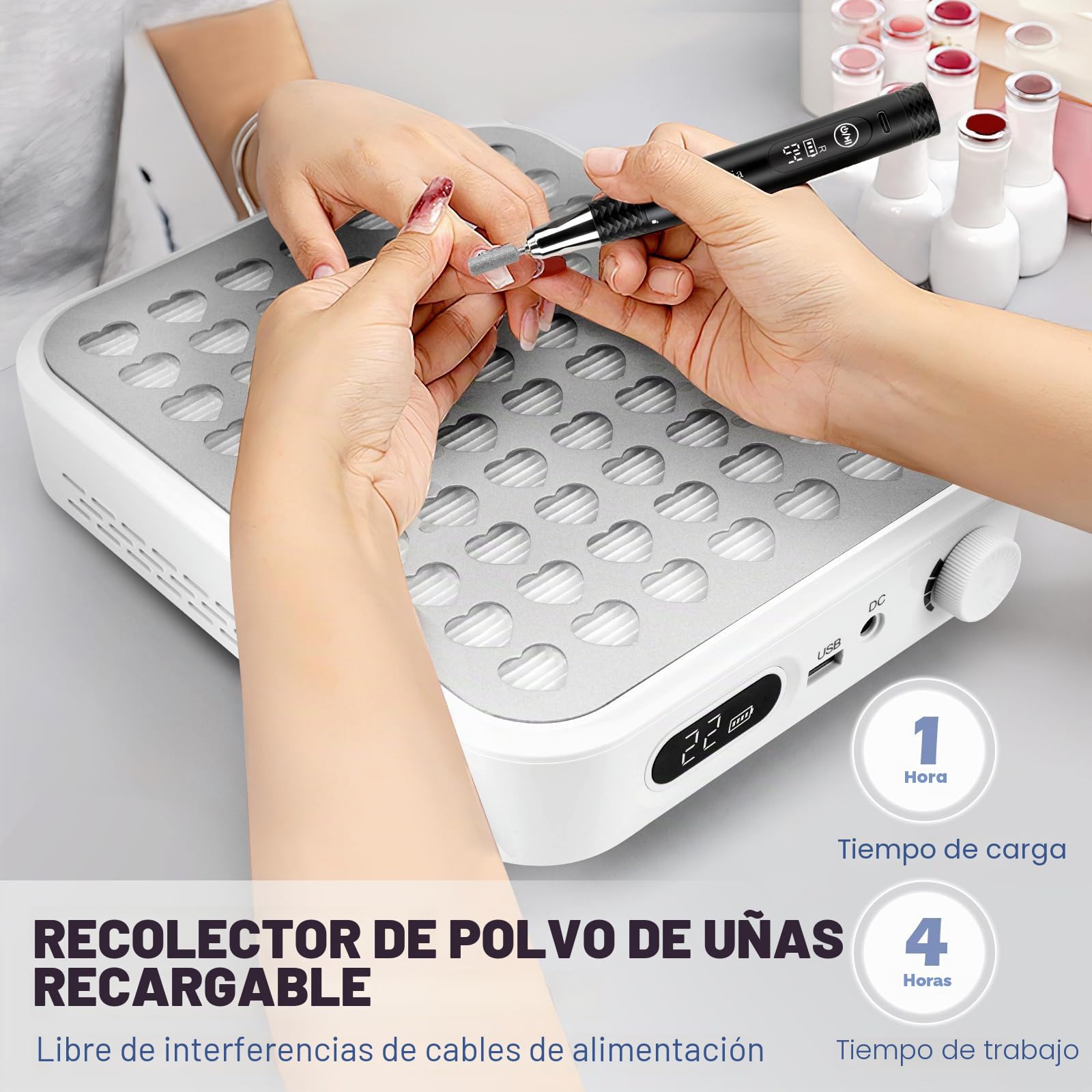 Madenia Recargable Aspirador de Uñas Profesional - 56W Inalámbrico Colector de Polvo Salón de Uñas con 2 Filtros Reutilizables y 1 Cepillo, Potente Extractor de Polvo para Uñas de Gel Acrílico