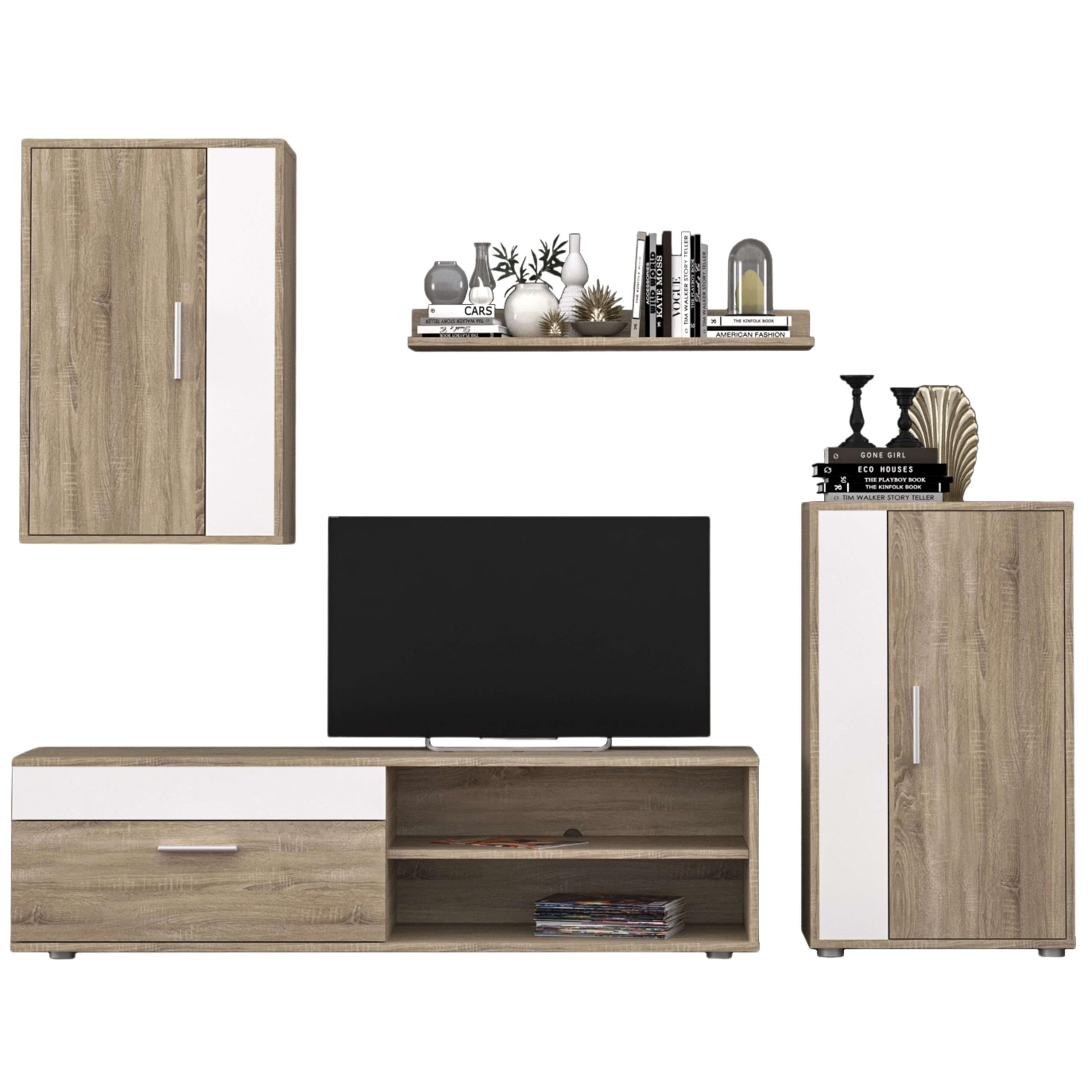 Miroytengo Muebles de Salón Comedor Estilo Nórdico: Módulo TV, 2 Armarios, Estante, Color Blanco y Roble Sonoma