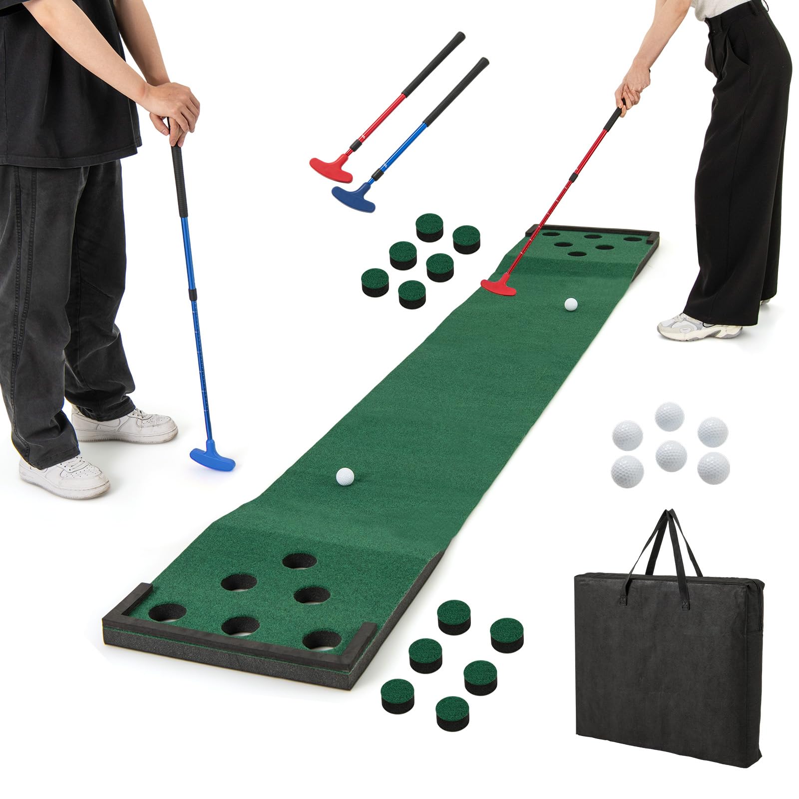 COSTWAY 332 x 50 cm Golf Pong Puttingmatte, Putting Green mit 2 verstellbaren Puttern, 6 Bällen & 12 Lochabdeckungen, tragbare Golfmatte Indoor & Outdoor, Trainingsmatte für Party, Garten