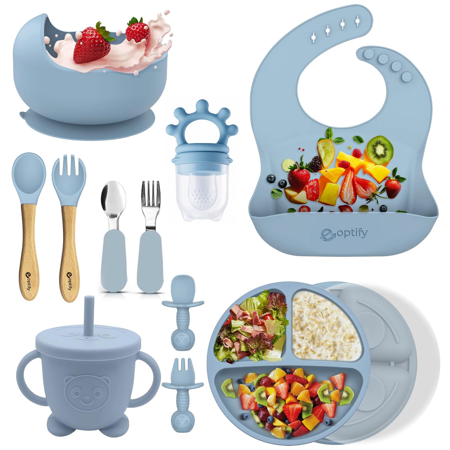 EOPTIFY 8 Pcs Silicone Baby Feeding Set, Baby Led Weaning Set, self Feeding Supplies for Toddlers new born Baby Gift Set with Suction Bowl, Divided Plate, Adjustable Bib,Straw Cup with Spoon fork set