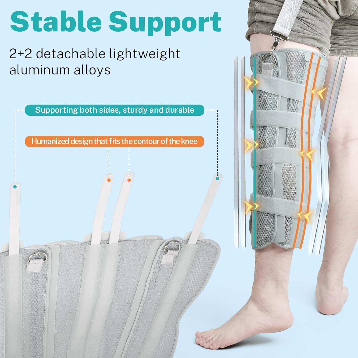 Knee Immobilizer Brace for Men Women, Adjustable Leg Splint with 4 Rigid Aluminum Splints for Post-Surgery Recovery, Breathable Knee Support for Injury with Free Walking Assistance Strapr (gray,M)