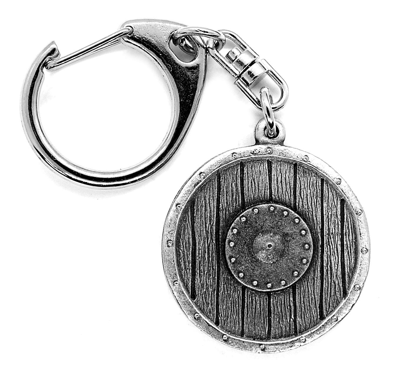 Round Viking Shield Pewter Pushgate Keyring in a Grey Burlap Gift Pouch.