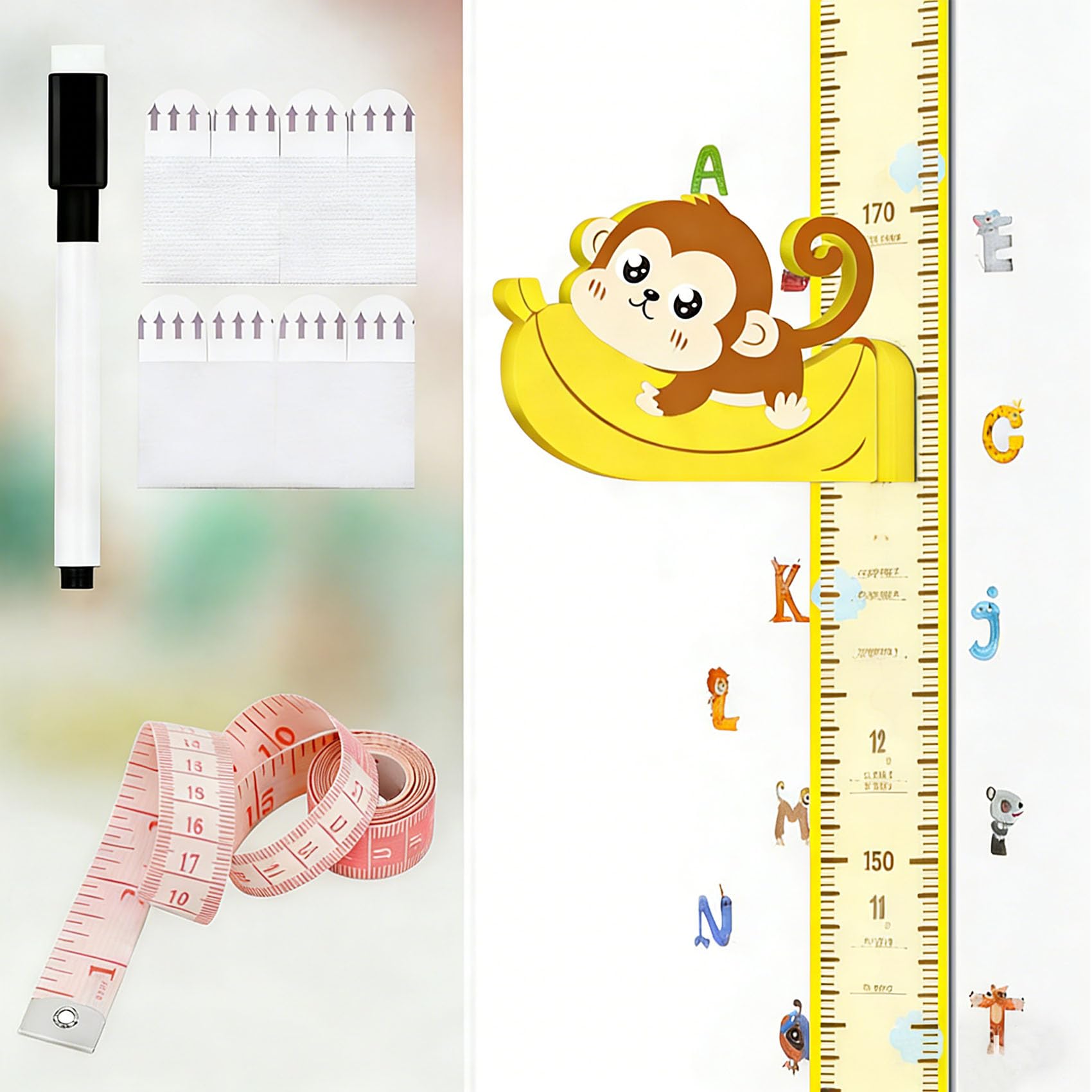 Messlatte Kinder Kleben OHNE Bohren, 3D Beweglicher Affenkopf, Magnetische, Weiche & Wiederbeschreibbare Baby-Wachstumstabelle mit Stift, Affen-Deko für Kinderzimmer (180cm)