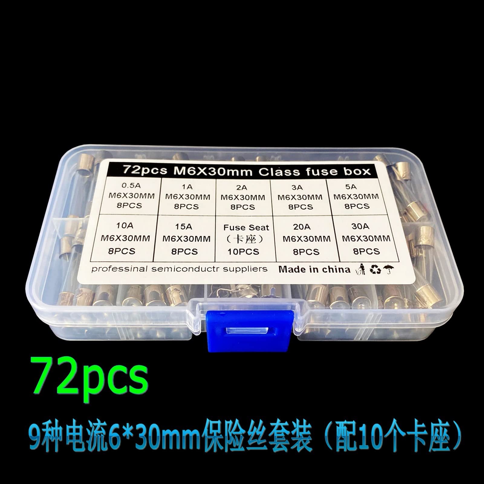 Fusible 72 unids/lote 6 * 30mm fusible de tubo de vidrio de soplado rápido Kit surtido fusibles de vidrio de soplado rápido 250V