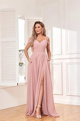 Miniatura 4 de BOLENSYE Vestidos de dama de honor con hombros descubiertos y bolsillos, vestido de noche formal con abertura larga de gasa fruncida
