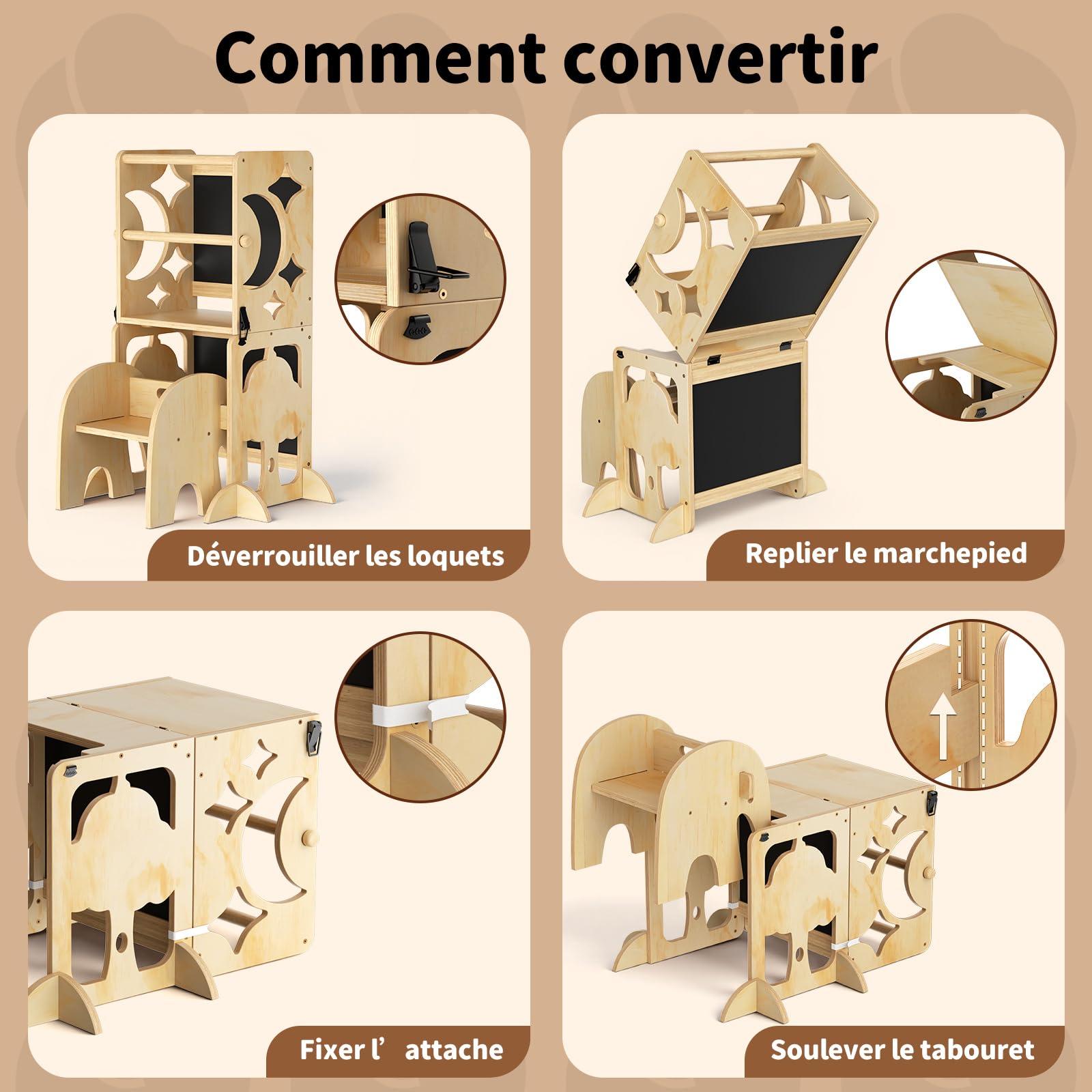 COSYLAND Tour d’Observation Enfant,Tour d’Observation Montessori 3 en 1, Tour d’Apprentissage Enfant Pliable avec Tableau, Tour Observation bébé pour Cuisine, Table et Salle de Bain – Naturel