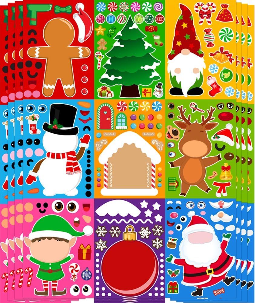 24 Sheets Christmas Face Stickers - DIY Santa & Snowman Craft Kit For Party Favors & Stocking Stuffers