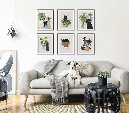 Miniatura 2 de 6 piezas de arte botánico de pared con diseño de gato negro, hojas verdes, plantas y plantas bohemias, arte de pared minimalista, impresiones