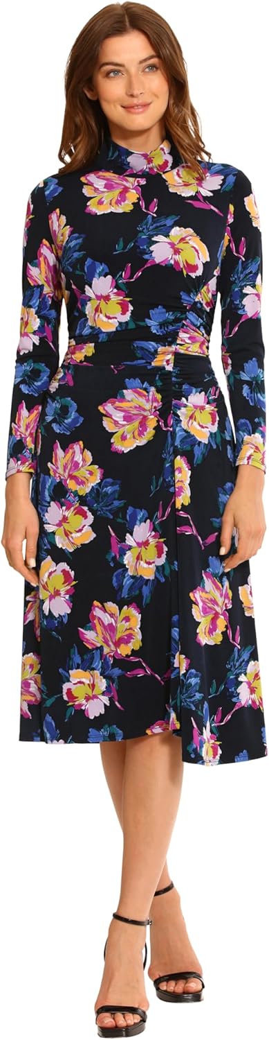 Maggy London Womens Long Sleeve Mock Neck Midi Dress with Asymmetrical Hem