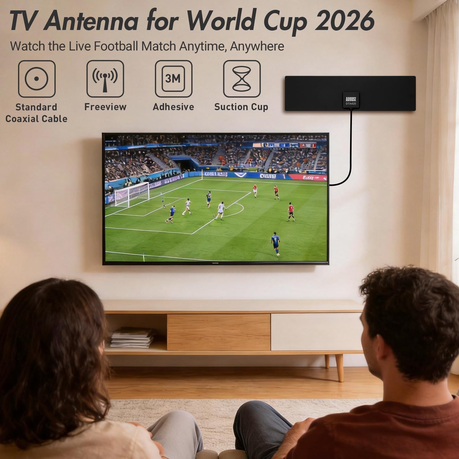 August DTA420 Antenna Extra Piatta Autoadesiva - Portatile da Interno/Esterno per TV Digitale HD/Ricevitore - Compatibile UHF - VHF AM/FM/DAB/DVB-T/DVB-T2 MPEG4 (H.264) - Nero