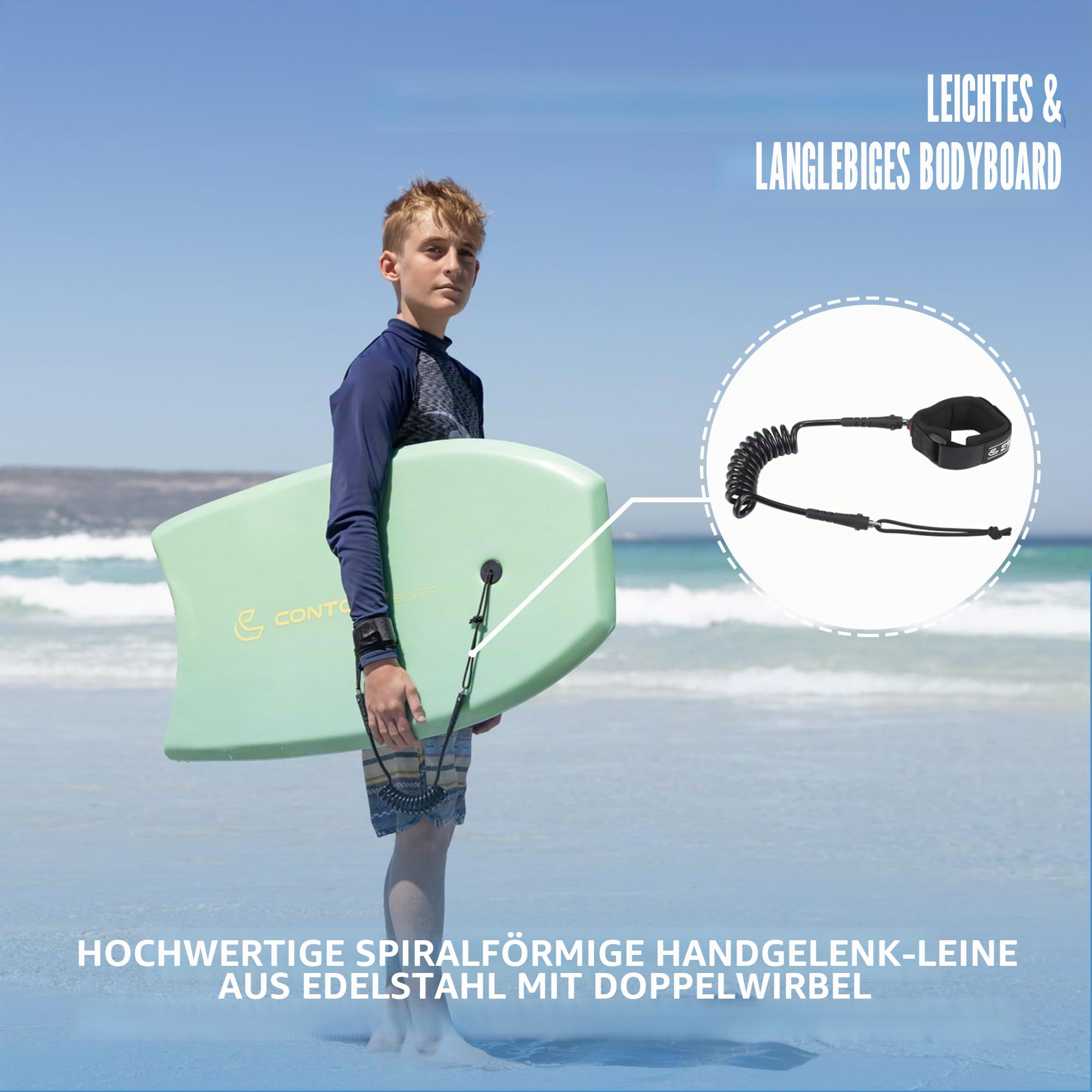 Reed Body Board Bodyboard für Strand, Kinder, Leichter EPS-Core, Doppelk, doppeltes Drehgelenk, gewickelte Handgelenkleine für alle Surfstufen, 84 cm