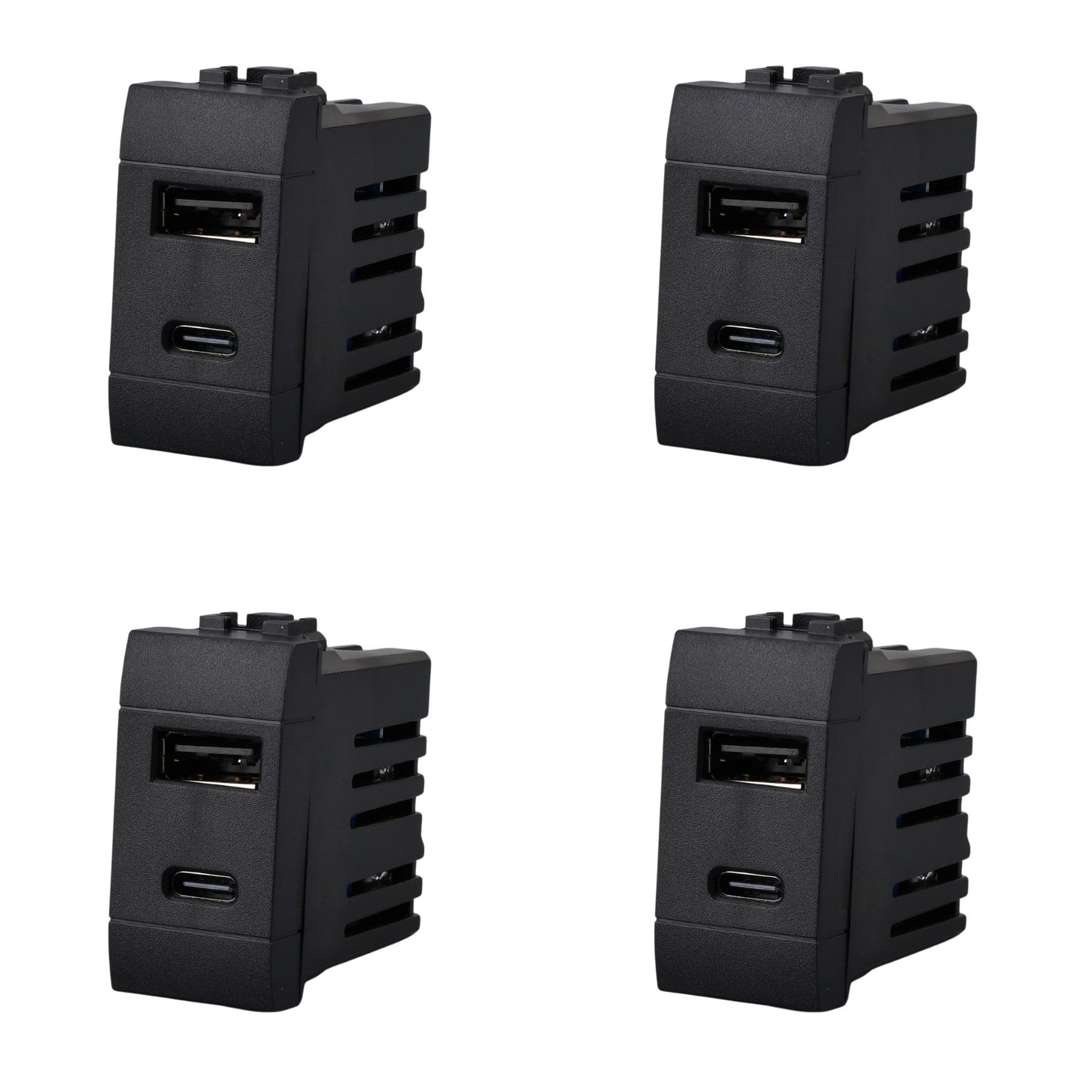 4 Stück USB-Ladegerät 1 Modul, USB-A QC 3.0 + USB-C PD 20 W, Schnellladung 5 V 9 V 12 V, kompatibel mit Bticino Living International, Farbe Schwarz, Serie MBL
