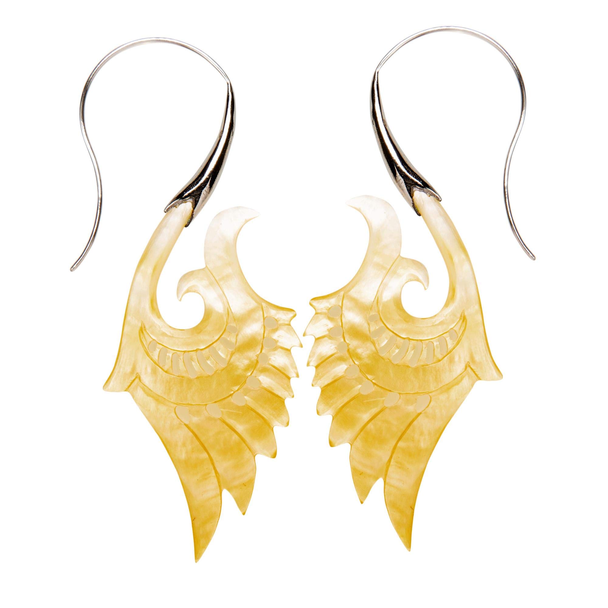 81stgeneration Orecchini Pendenti con Piume di Madreperla Hai Matau Intagliati a Mano con Argento Sterling 925 | Orecchini con Ali D'angelo Maori | Gioielli Tribali Unici per le Donne
