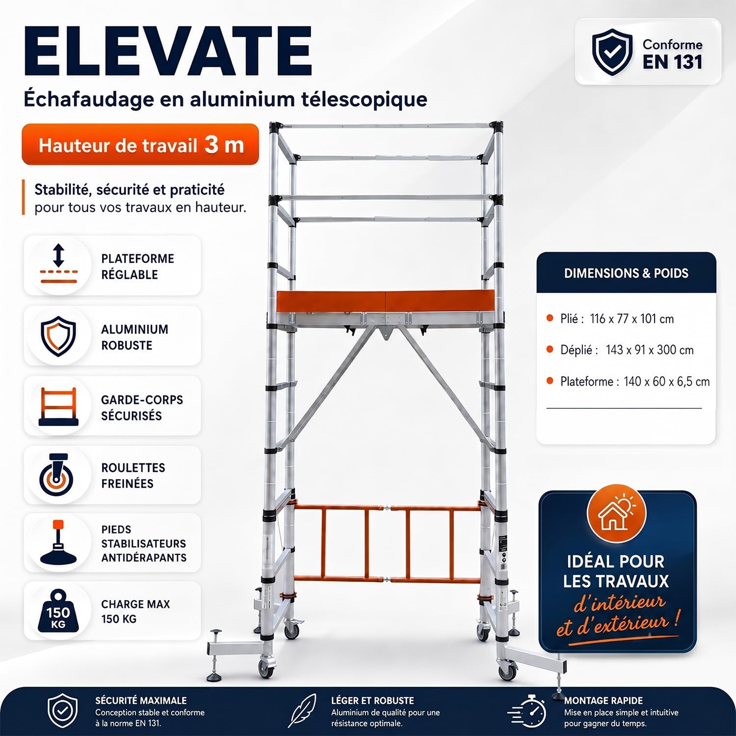 Elevate Echafaudage en Aluminium Hauteur de Travail 3 m 10 marches