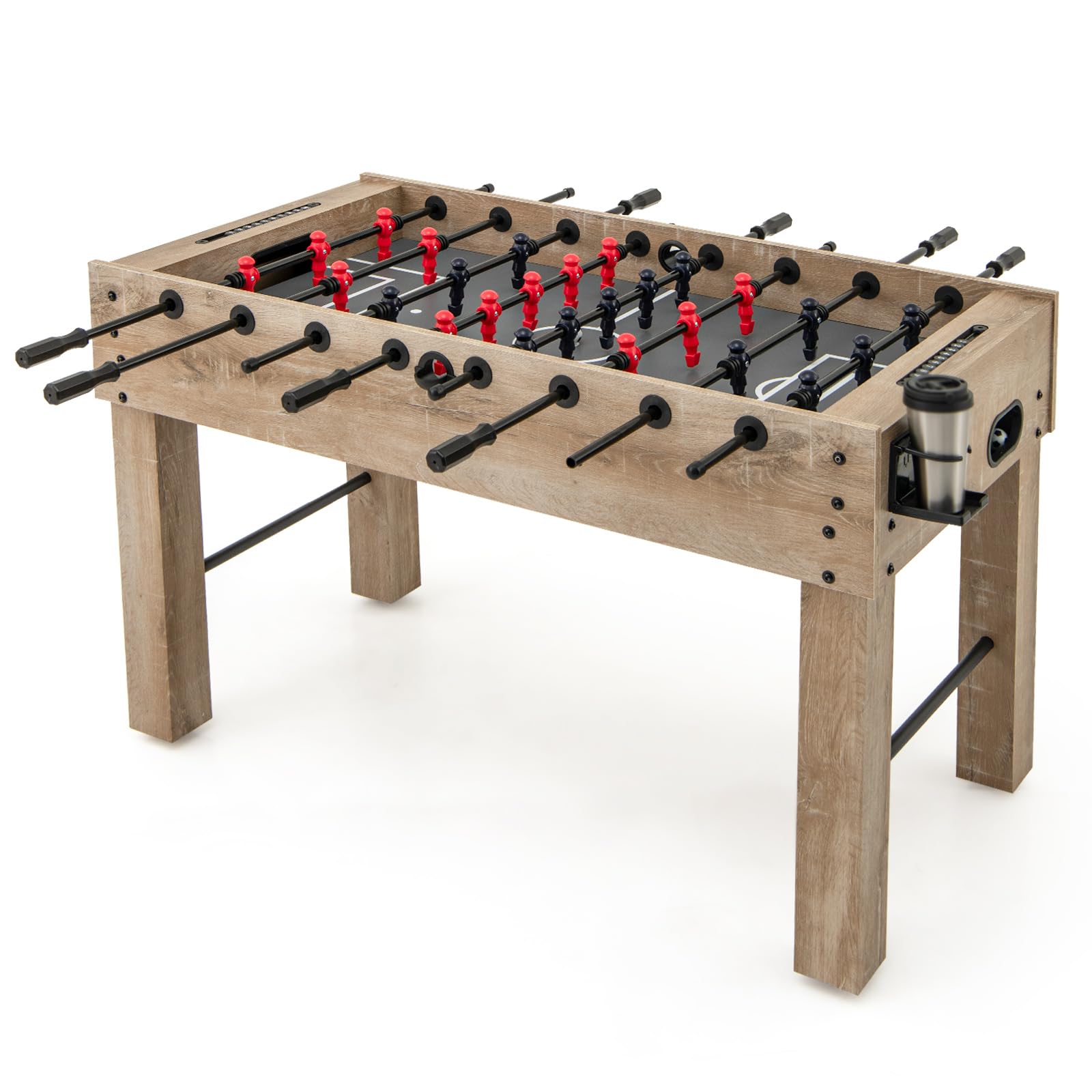 COSTWAY 4.5ft Football Table, Free Standing Foosball Game Table with Legs, 2 Foldable Cup Holders, Wooden Soccer Arcade for Adults, Kids, Indoor Room Sport