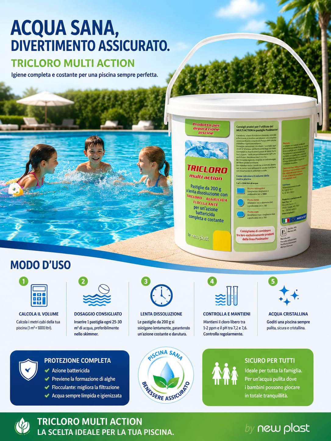 NewPlast 0961 Tricloro Piscina 5 Azioni, Pastiglie da 200 g, 5 kg
