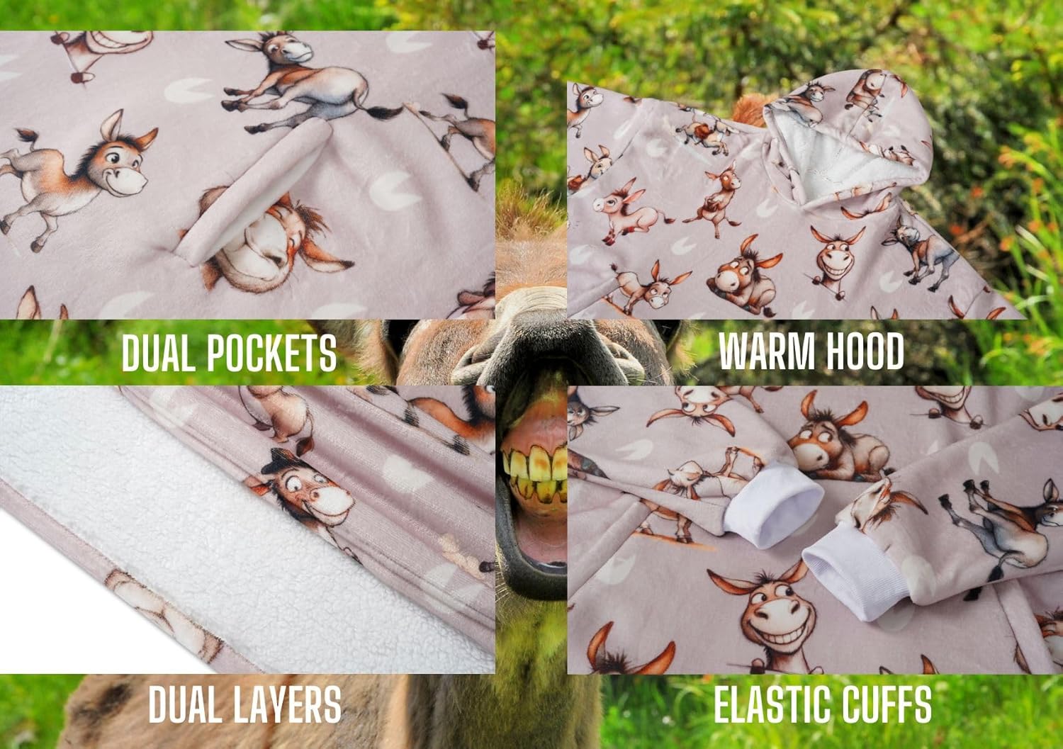 Donkey Gifts for Women & Men, Don Themed Wearable Flannel Blanket Hoodie, Oversized Hooded Sweatshirt, One Size, Beige