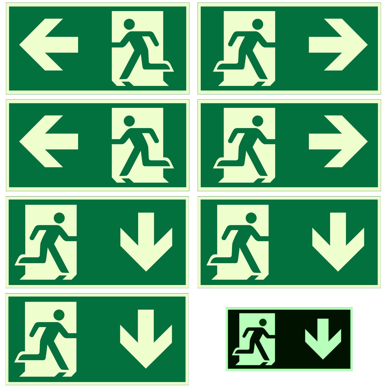 7 Stück Notausgangsschild Nachleuchtend Selbstklebend 30x15cm | Fluchtwegschilder Pfeil Links Rechts Unten | Langnachleuchtend Rettungszeichen für Büro Hotel Schule Lager