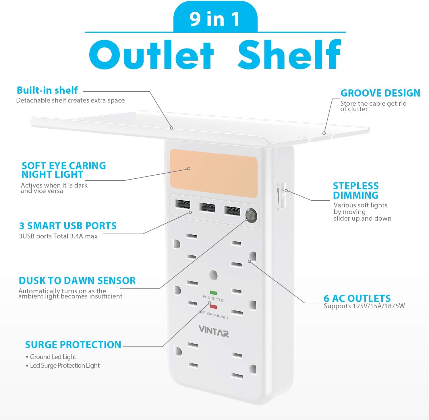[2-Pack] VINTAR Surge Protector with Outlet Shelf, Multi Outlet Extender with Dusk to Dawn Sensor, 6 Outlets and 3 USB Ports,Wall Mount with Top Phone Holder for Home, White,ETL Certified.