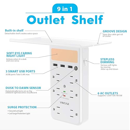 Miniatura 2 de Paquete de 2 VINTAR Protector de sobretensiones con estante de salida, extensor de múltiples salidas con sensor de atardecer a amanecer, 6 salidas y