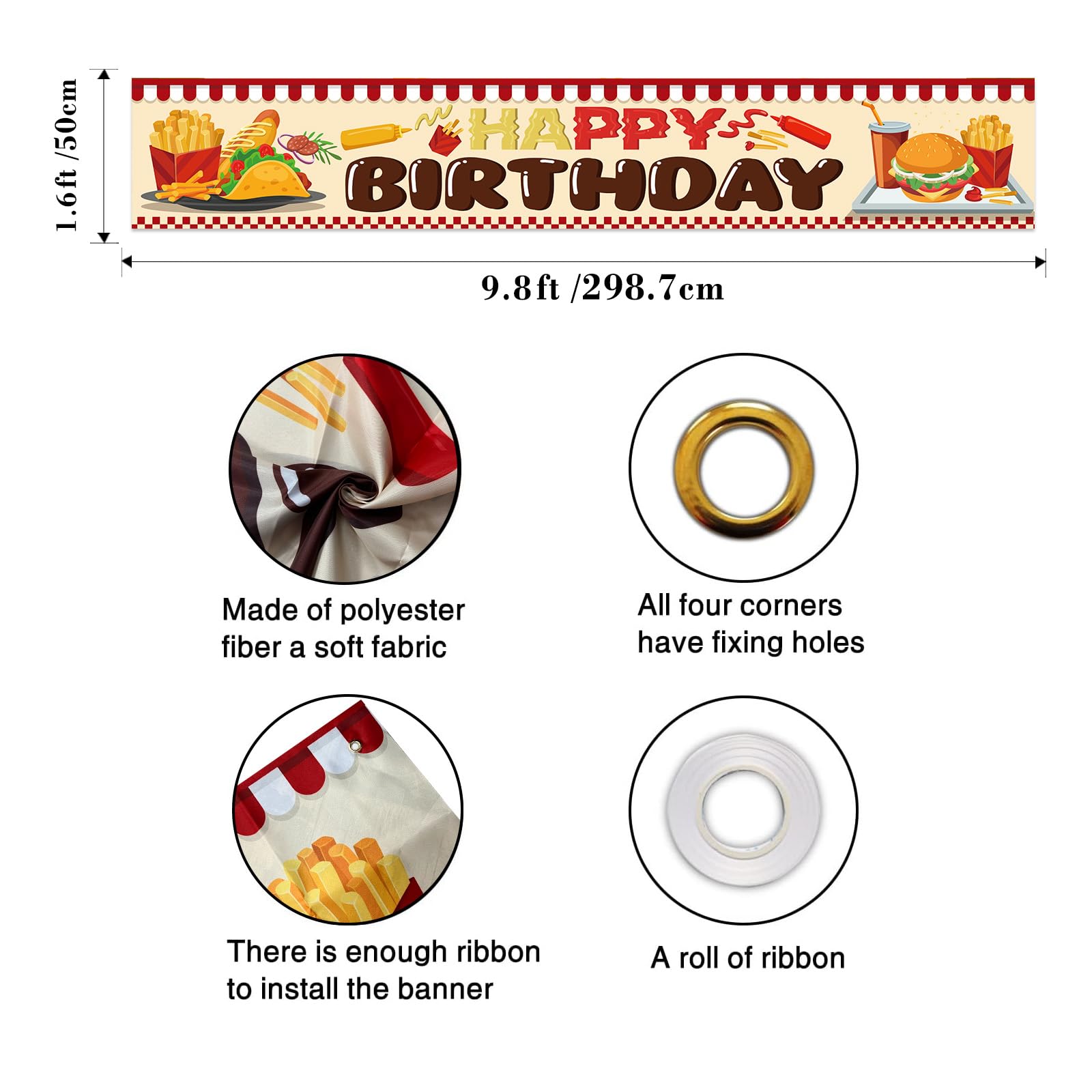 Pancarta de feliz cumpleaños de hamburguesas, tema de cocina, comida rápida, fondo de fotogarphy para niños, decoración de fiesta temática de cumpleaños, 9.8 x 1.6 pies