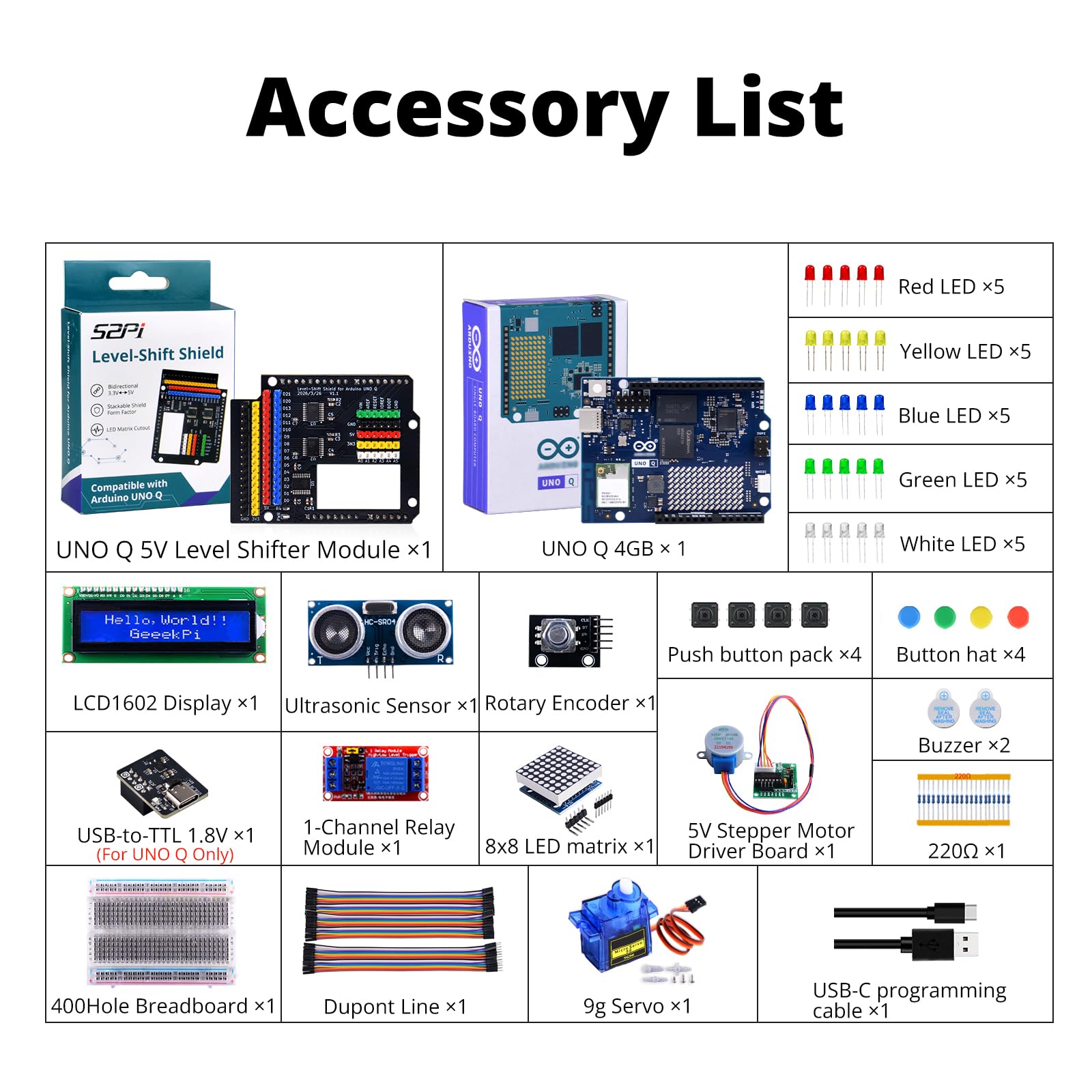 GeeekPi 5V GPIO Starter Kit for Arduino UNO Q, Complete Electronics Prototyping Kit with UNO Q 4GB RAM Board, Level-Shift Shield, LCD1602, Sensors, Servo & Components