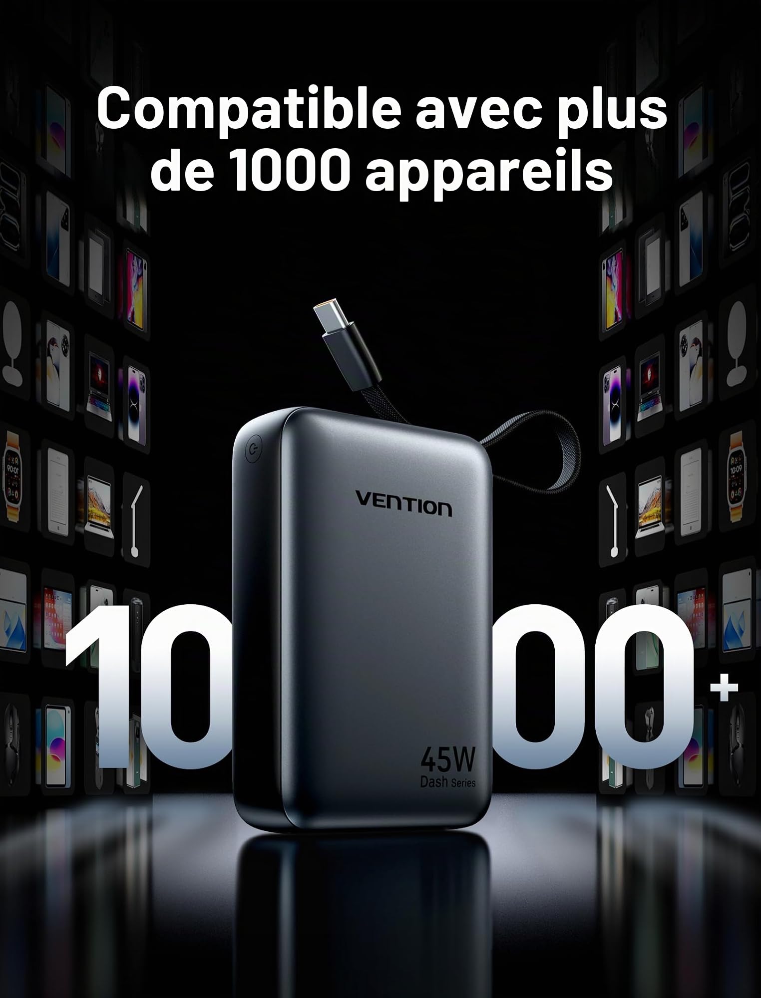 VENTION Mini Power Bank 45 W 20 000 mAh avec câble USB-C intégré, Chargeur Rapide PD/PPS, Batterie Externe de téléphone Portable avec écran LED pour iPhone 16/15/14, Galaxy S25/S24, iPad, Ordinateur