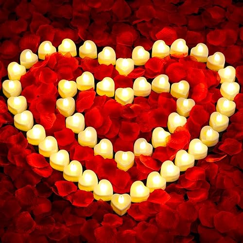 Miniatura 1 de Audab 48 velas LED de té con 4000 pétalos de rosa artificiales para una noche romántica
