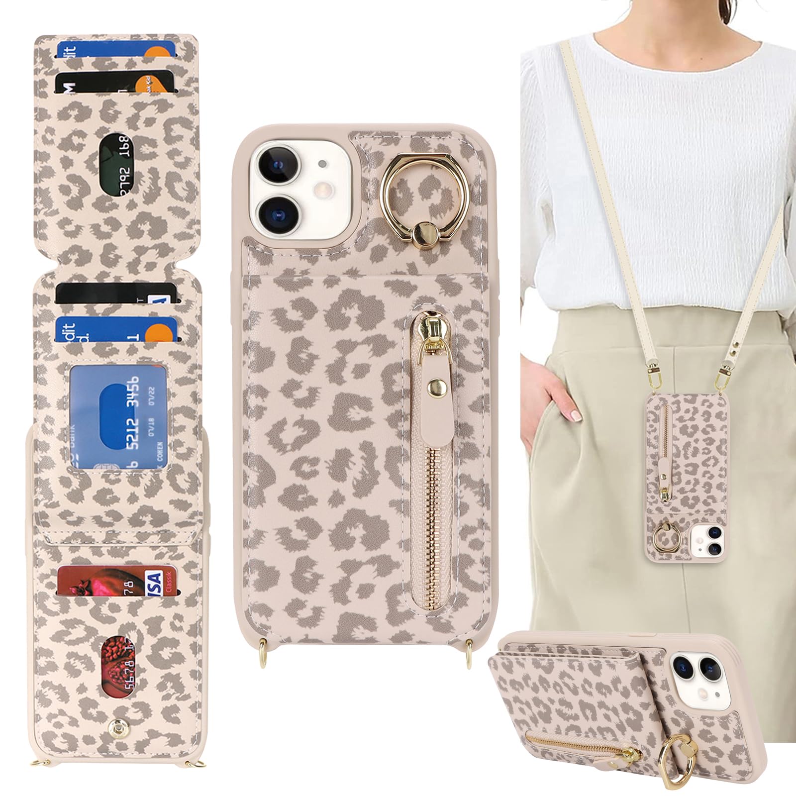 DEYHU for iPhone 12 Case with Card Holder for Women, for iPhone 12 pro Phone Case Wallet with Strap Credit Card Slots Crossbody with Kickstand Zipper