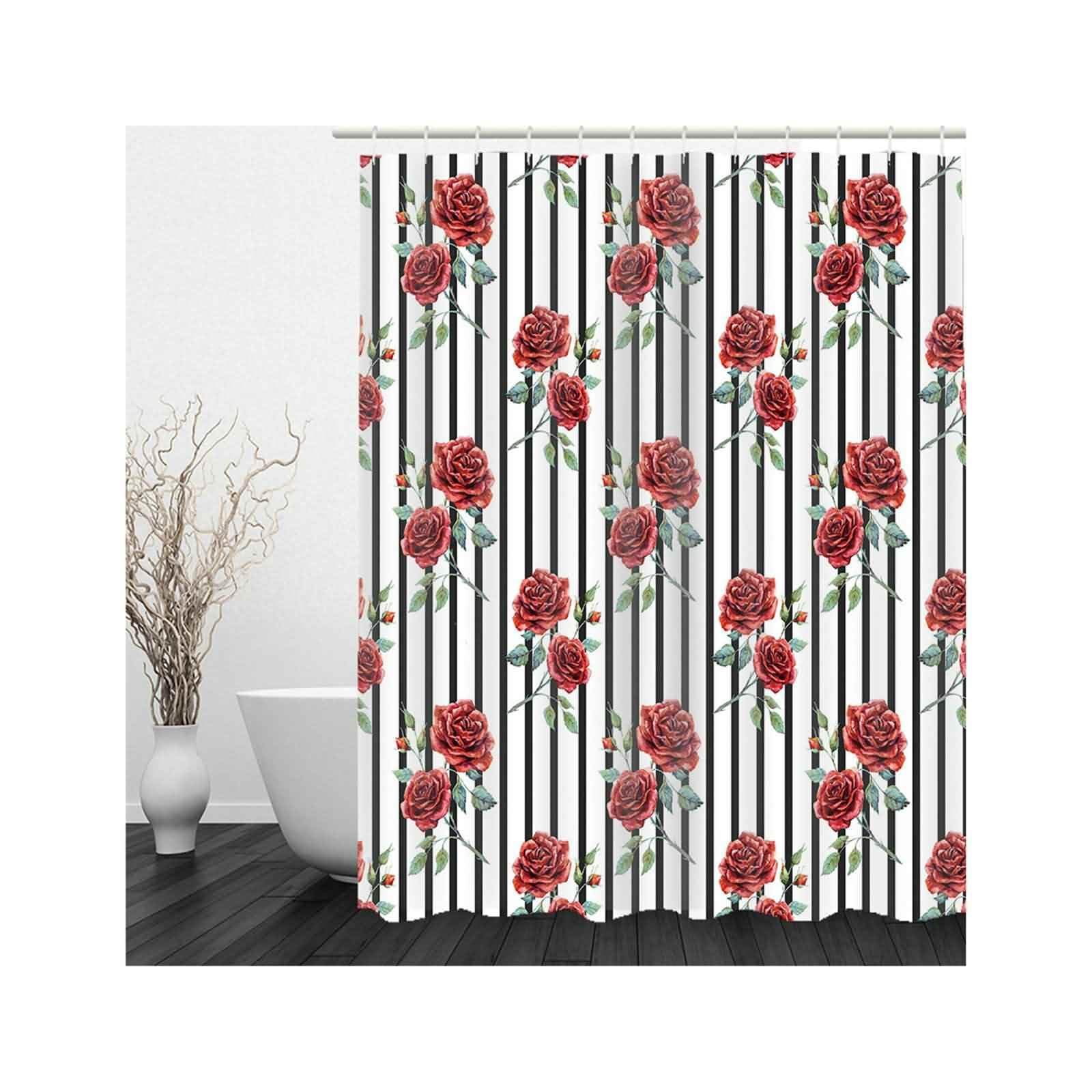 Rideau Douche Anti Moisissure Impermeable Rideaux en Tissu Anti-Moisissure Roses Rayures Verticales Qui Ne Colle Pas Baignoire Salle Bain Rouge 220x180cm