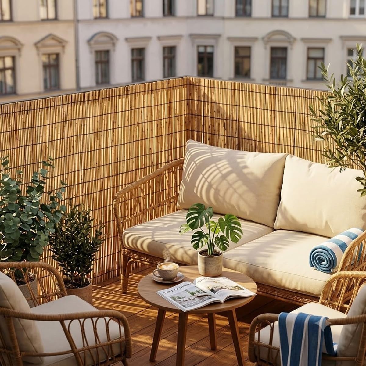Canisse en Roseau Naturel 1.2x5m, 1.5 1.8m Brise Vue Jardin et Balcon, Rouleau Clôture Extérieur Écologique, Panneau Occultant Imitation Bambou Pare-Soleil et Brise-Vent(Natural,H150xL900cm)