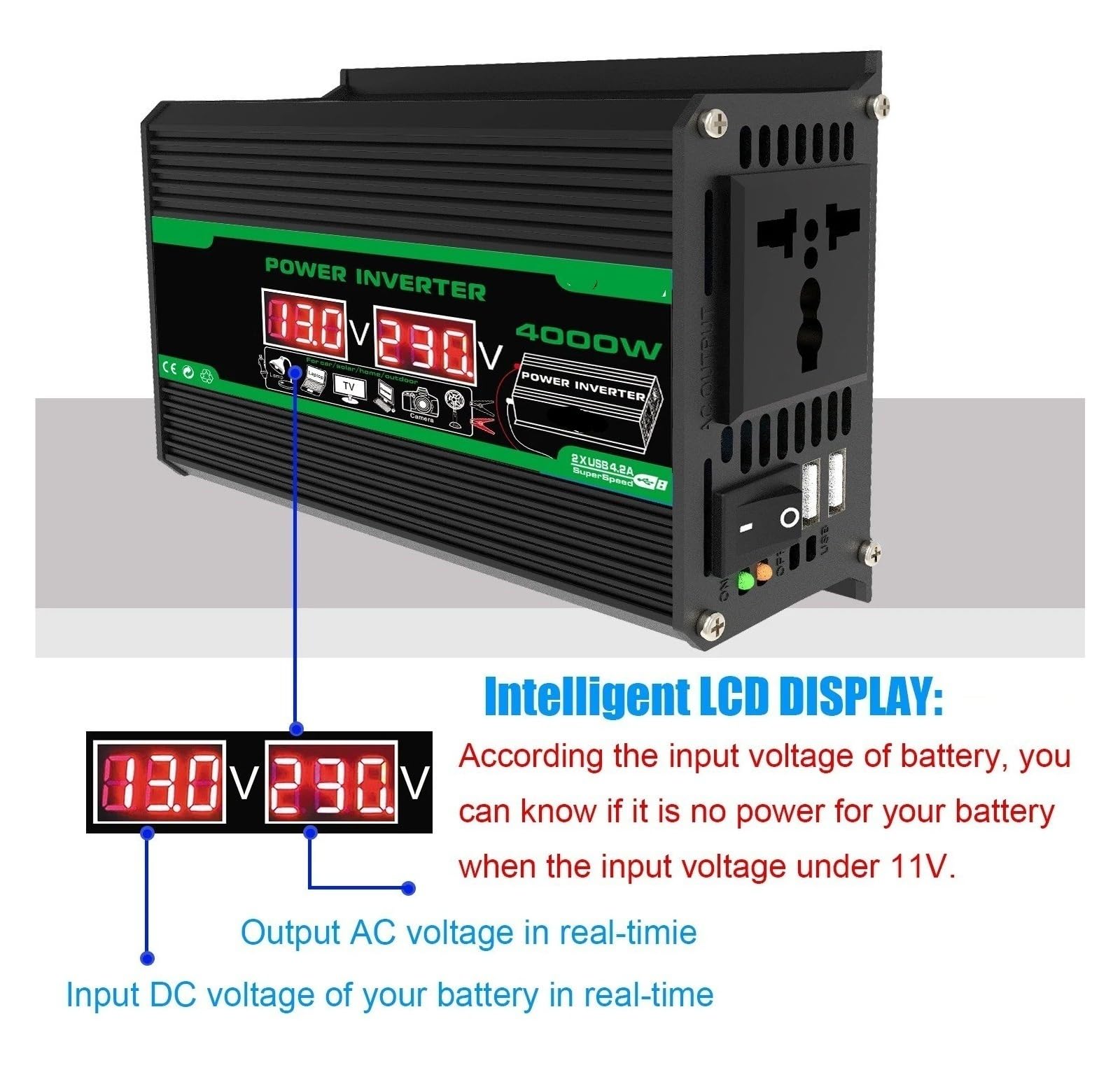 Convertidor Adaptador Inversor Portátil Coche 300W/4000W CC 12V CA 110V/220V Puertos USB/CA Duales para Acampar Aire Libre Electrodomésticos Sin Batería Incluida inversor