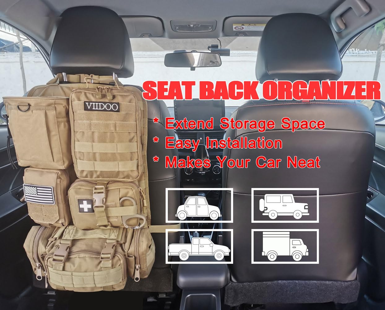 Organizador táctico para respaldo de asiento de coche y camión, organizador de panel de vehículo táctico mejorado con 5 bolsas Molle desmontables, universal se adapta a la mayoría de vehículos (negro)