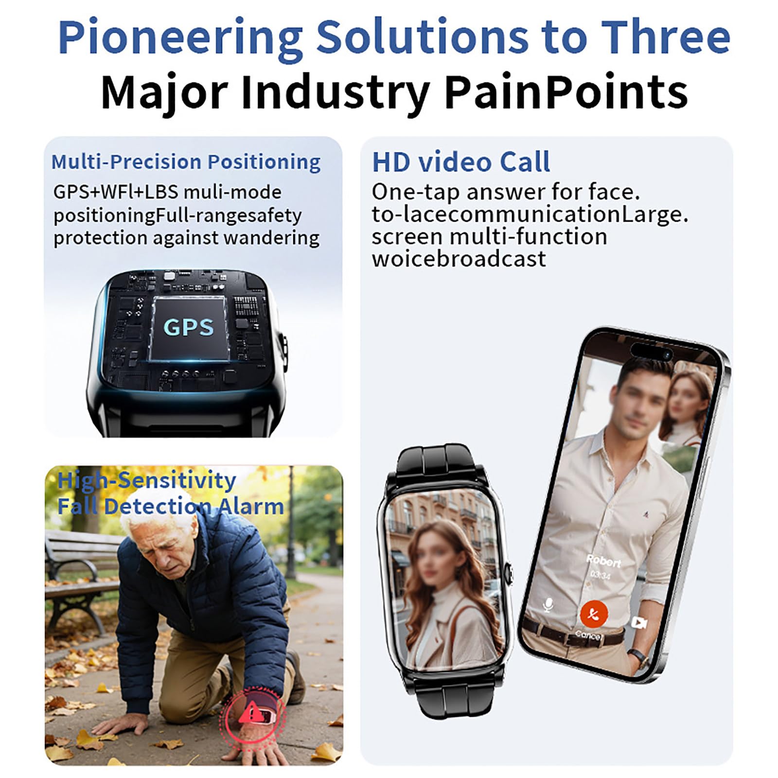 Montre connectée GPS pour personnes âgées, détection de chute, bouton SOS, appel vidéo HD, surveillance de la santé pour les personnes âgées et les patients atteints de démence