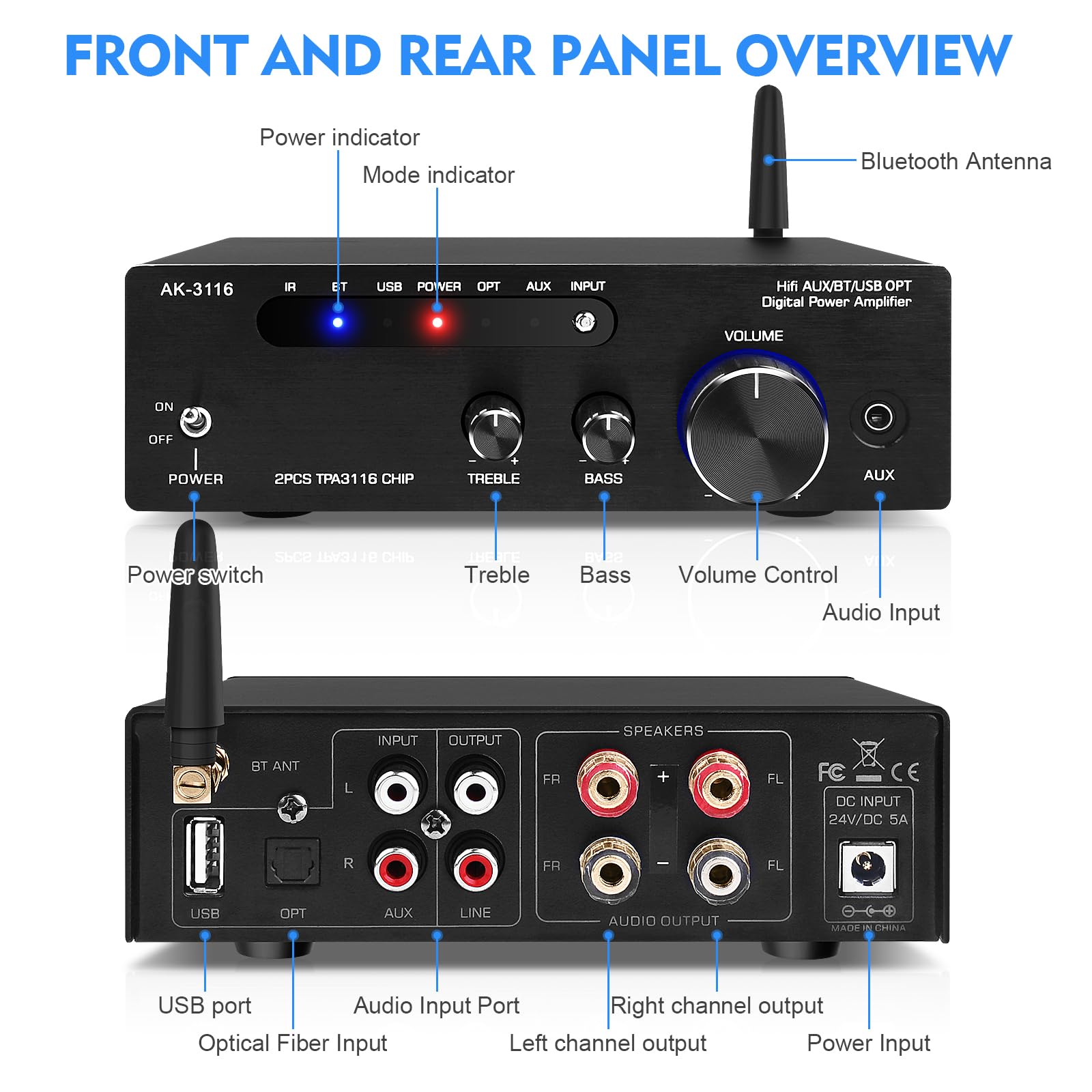 Amplificateur HiFi Bluetooth 5.0, AK-3116 Mini amplificateur Audio stéréo 2.0 canaux 100W x 2 récepteur amplificateur de Puissance numérique de Classe D avec Puce d'amplification TPA3116 Entrée BT