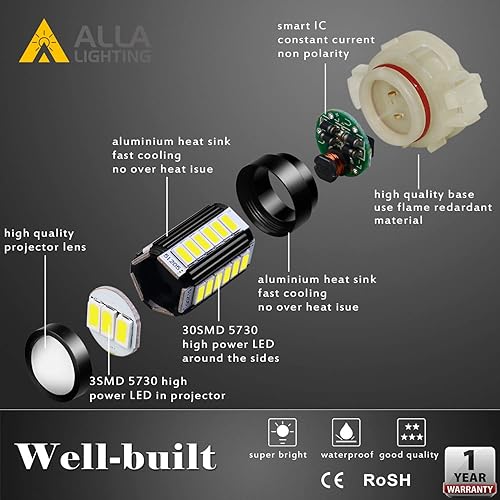 Miniatura 20 de Alla Lighting 2504 PSX24W Bombillas LED antiniebla 12276, xenón blanco de 6000 K, luz de 360°, 2800 lm, superbrillante, PG20/7 Base, antiniebla
