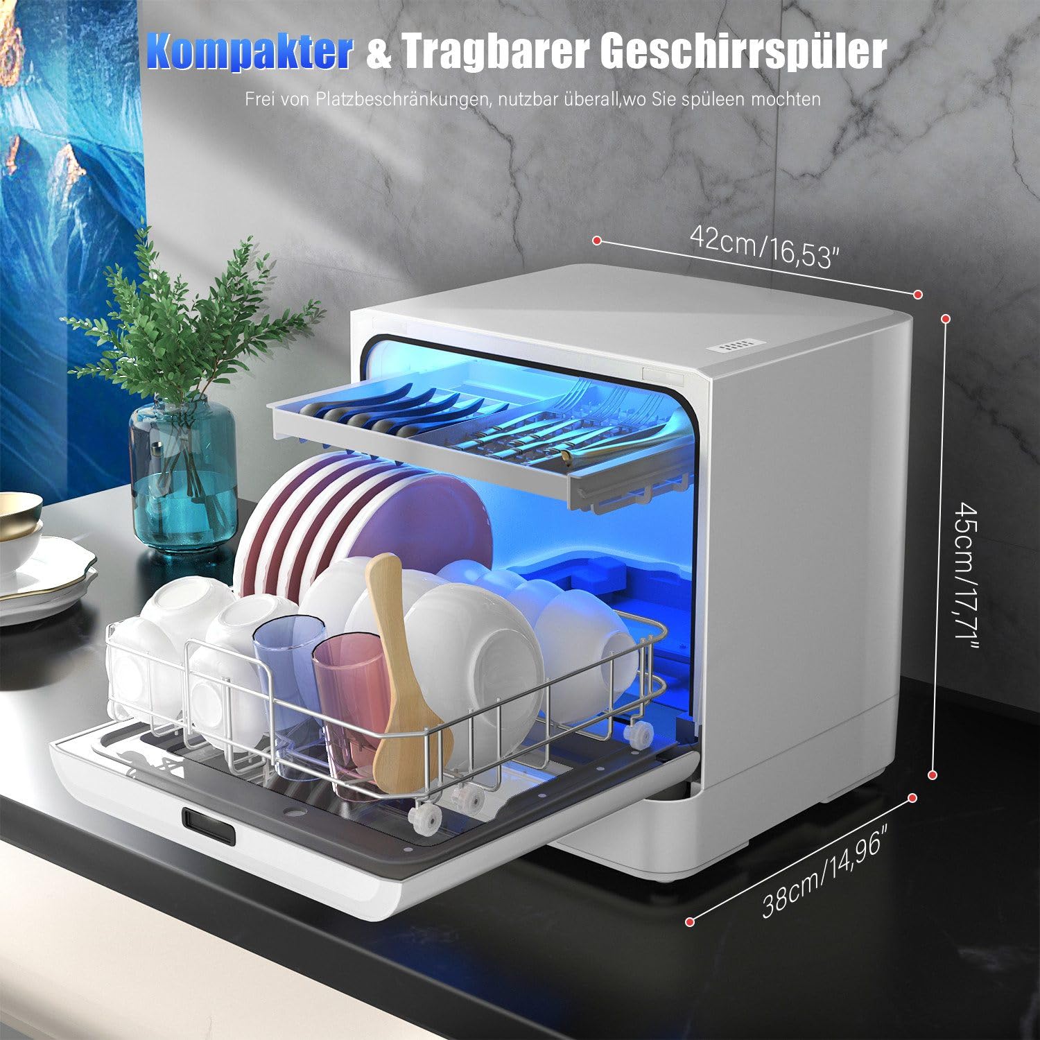 Tischgeschirrspüler, Tragbarer Geschirrspüler mit Wasseranschluss, 4 Programme, Spült bis zu 6-8 Teller, Heißluft-Trocknung & Antibakterialspeicher, LED Touch, Kompakt für Wohnung, Wohnmobil & Camping