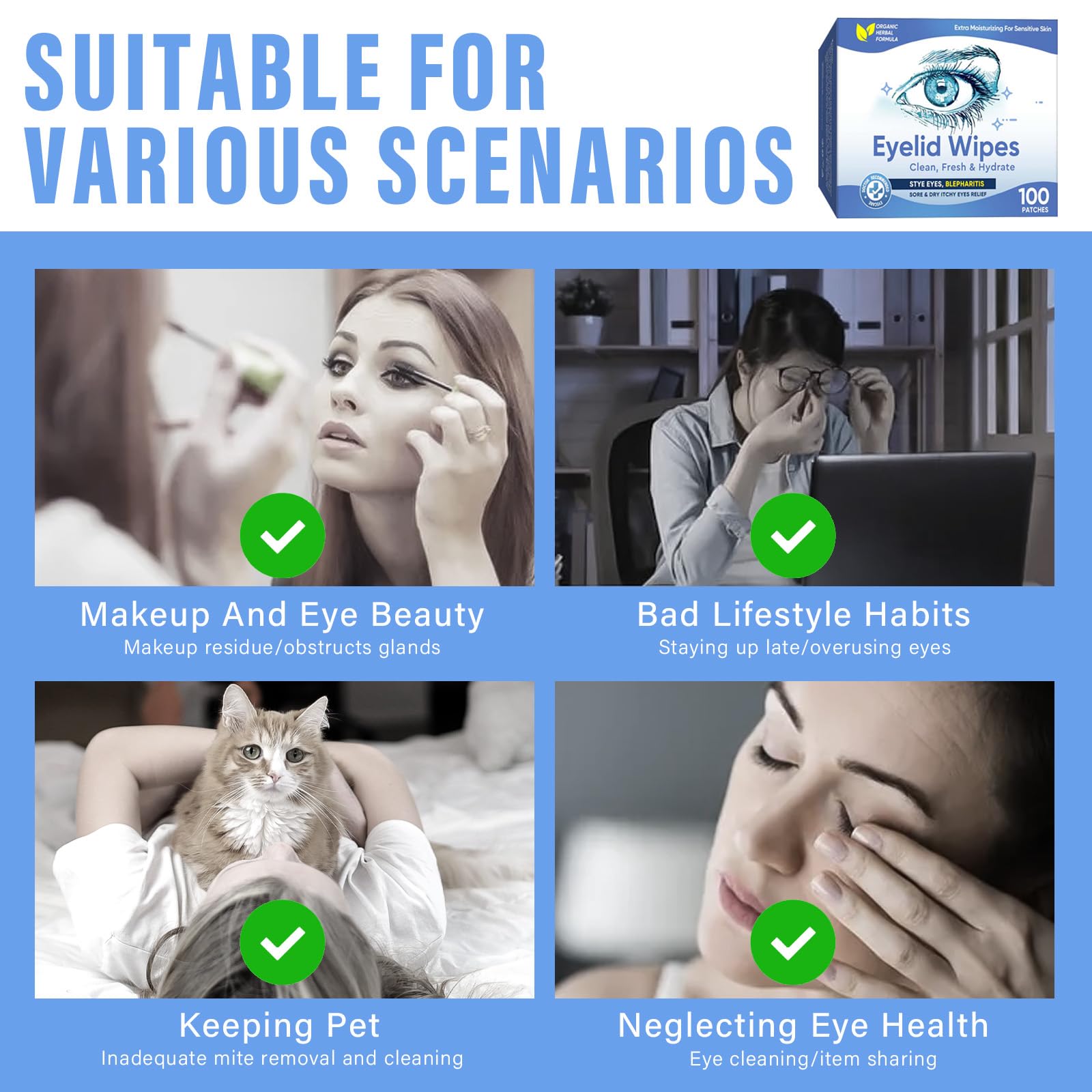 Lot de 100 lingettes pour paupières - Traitement des yeux - Traitement de la blépharite, des yeux secs, démangeaisons et nettoyage des yeux - Doux et apaisant