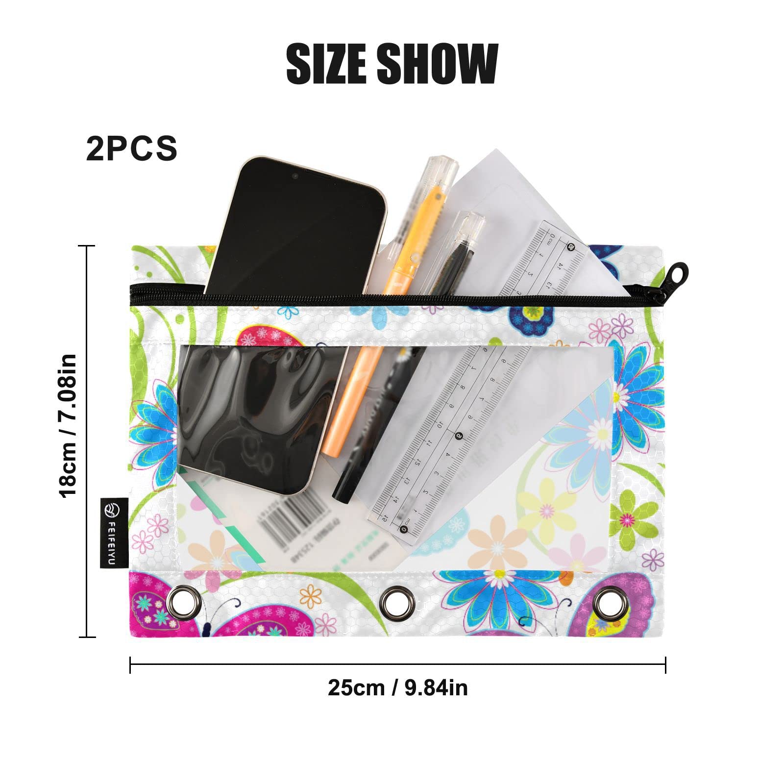 Estuche para lápices con 3 bolsillos para carpetas de anillos, paquete de 2 bolsas con cremallera, mariposas de colores, flores, carpeta transparente de 3 agujeros para carpetas de 3 anillos