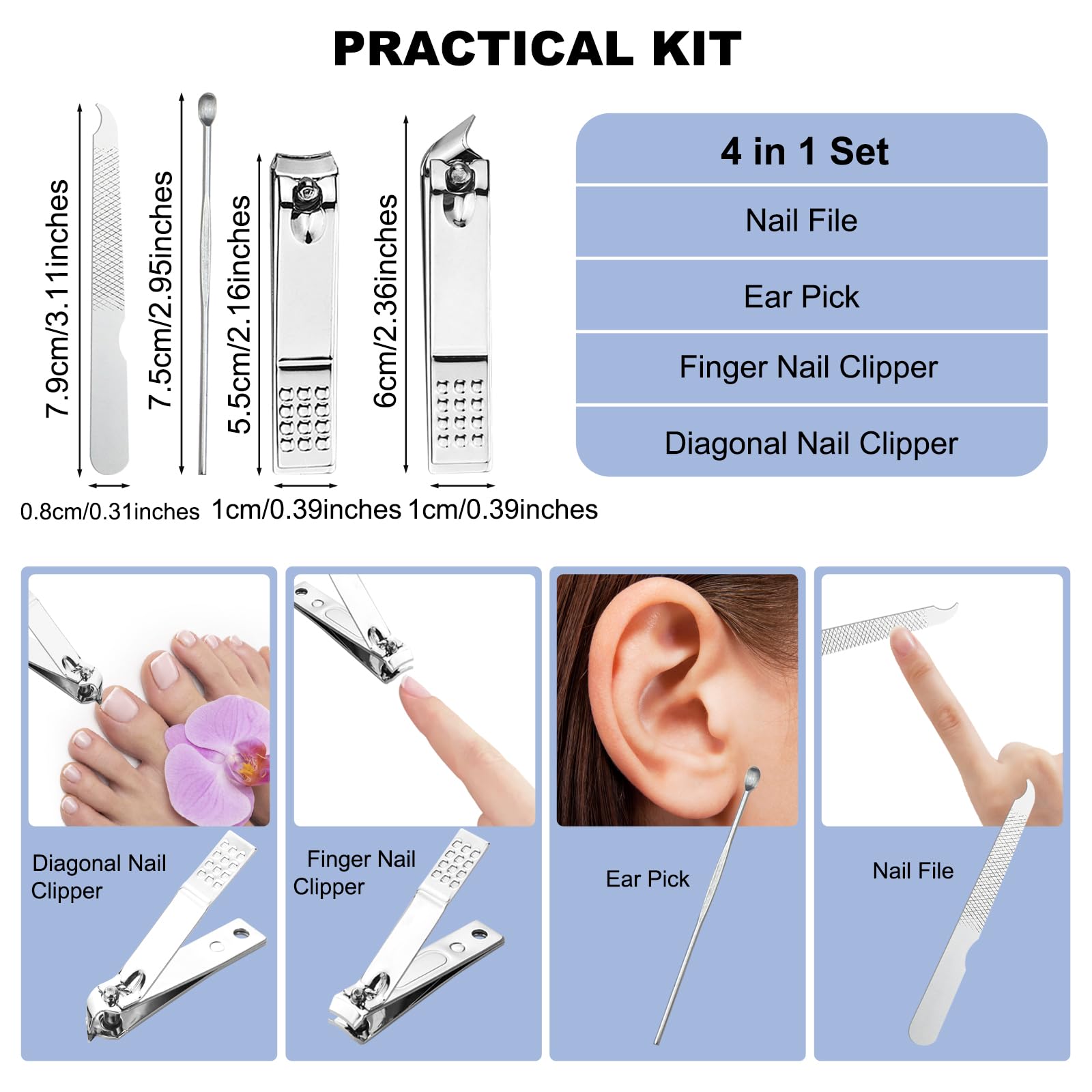 Juego de 10 cortaúñas de dedo a granel, kit de manicura de viaje 4 en 1 de acero inoxidable para adultos con estuche envuelto individualmente, cortaúñas a granel para personas sin hogar,