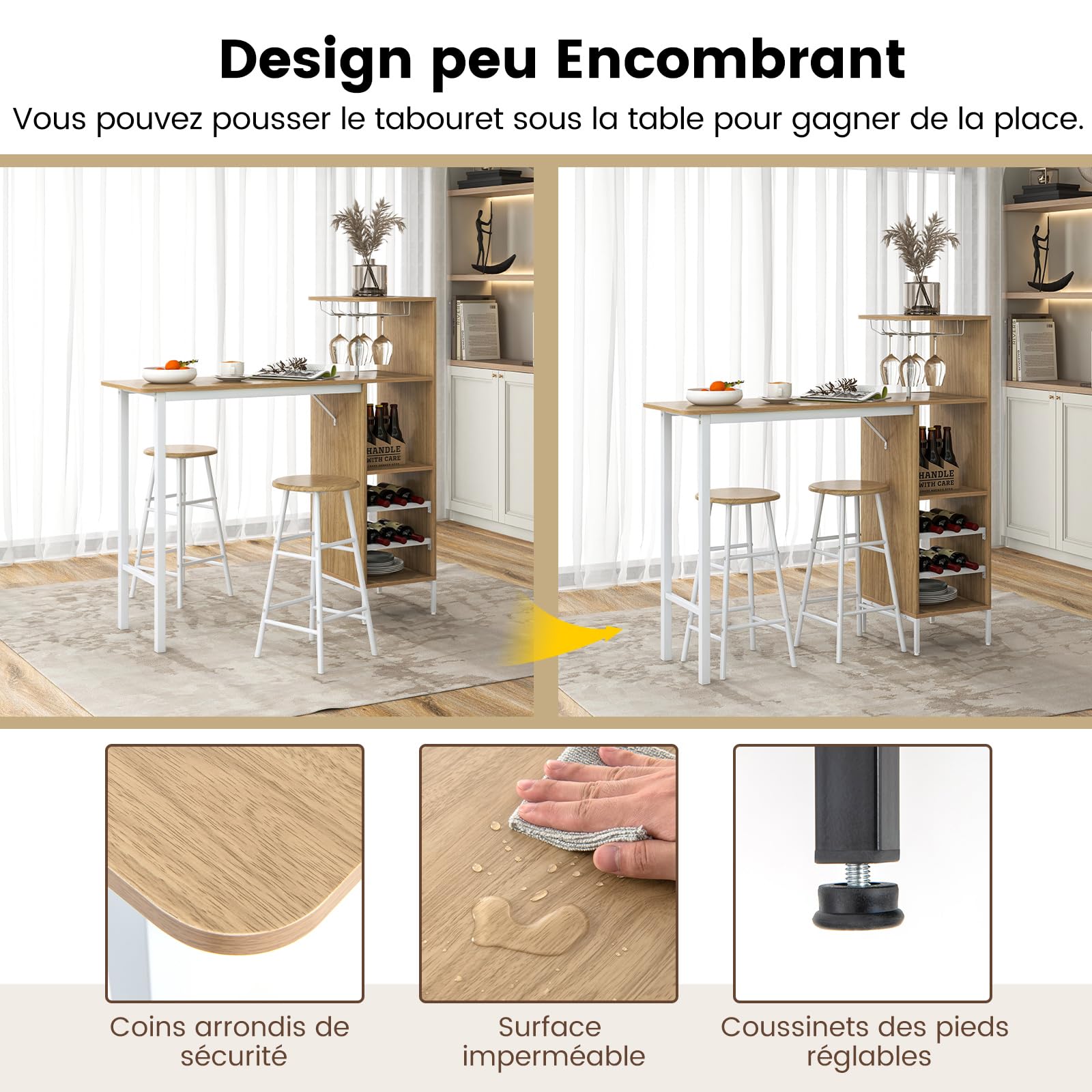 COSTWAY Table Haute Cuisine avec Tabouret, Mange Debout Industriel avec Porte-Verre Porte-Bouteilles, Table Bar avec Tabouret 2 Personnes Compact pour Cuisine Salle à Manger Salon Bistro