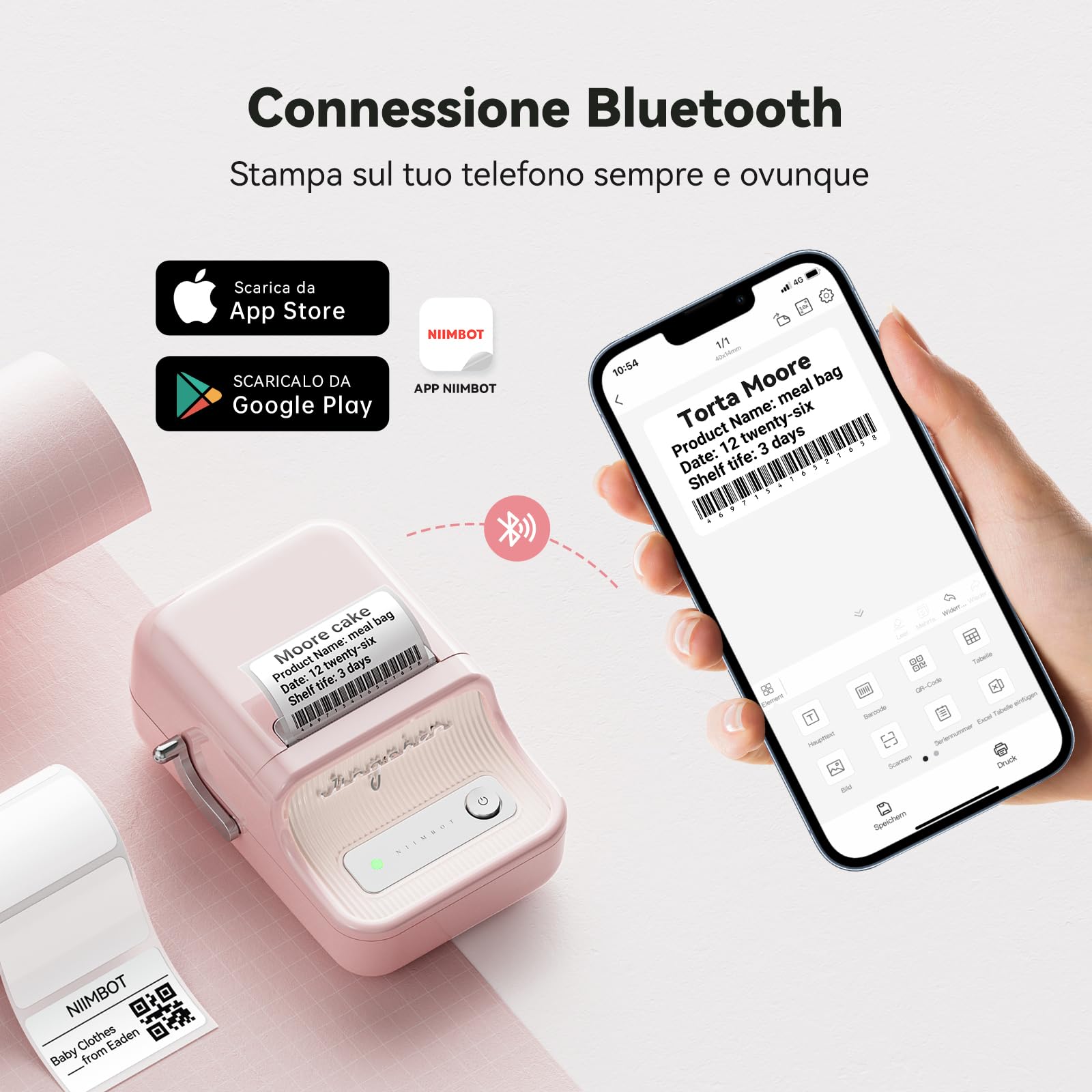 NIIMBOT B21 Etichettatrice Bluetooth Rosa, Etichette 20-50mm, App con 120 Caratteri e 1600 Icone