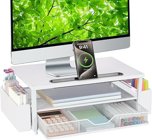 AUPSEN Soporte elevador de monitor blanco, organizador de escritorio de madera de 2 niveles con cajón, almacenamiento para bolígrafos y soporte para