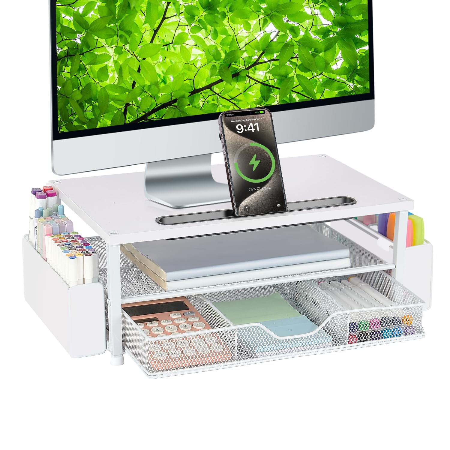 AUPSEN White Monitor Stand Riser, 2-Tier Wood Computer Desk Organizer with Drawer, Pen Storage & Phone Holder, Office Desk Accessories Desktop