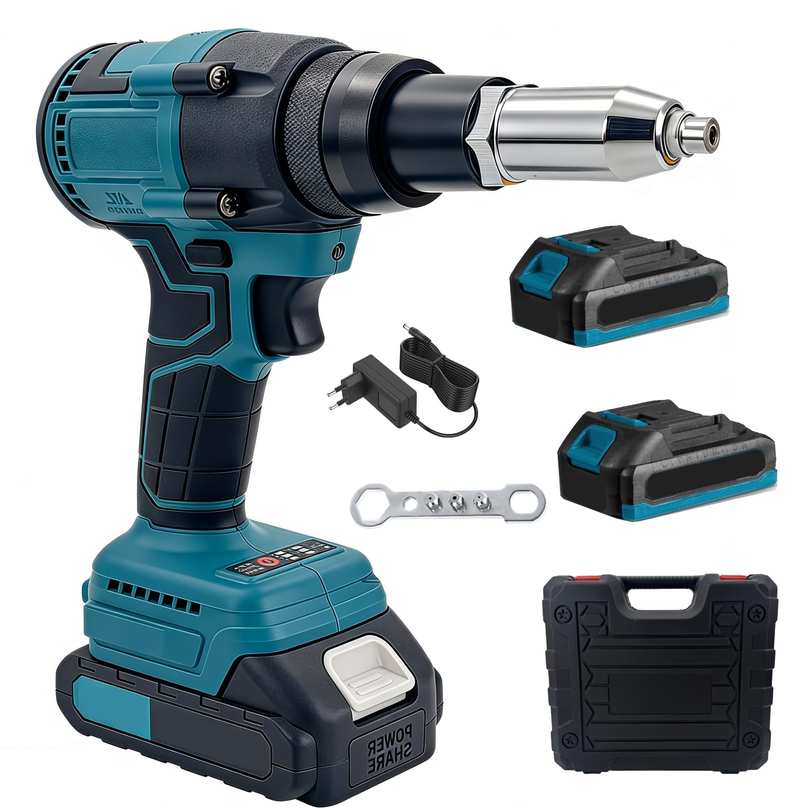 Pince à riveter sans fil compatible avec Makita 21 V 10 000 N Pince à riveter électrique sans balais avec 2 pinces à rivets pop portables de 1 300 mAh pour rivets aveugles de 2,4 à 4,8 mm